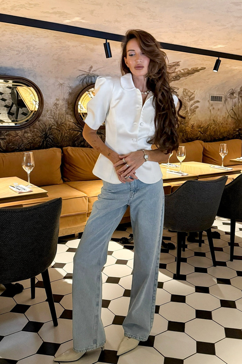 Chic Tie Waist Puff Sleeve Slim Blouse