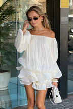Off Shoulder Ruffle Shiny Fabric Mini Dress