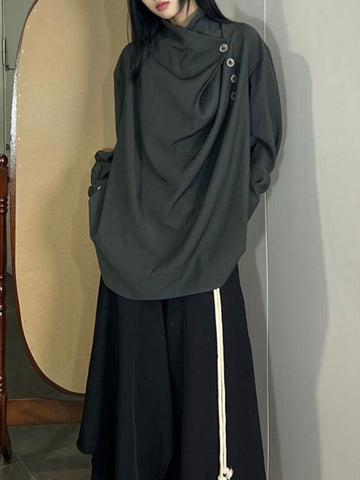 Blusas y camisas de manga larga, sueltas, asimétricas, plisadas, con abertura y cuello alto 