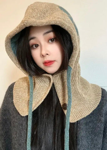 Gorro de punto azul cálido de invierno y cuello integrado resistente al viento y cálido 