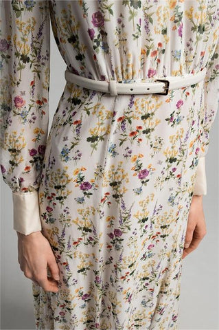 Floral Pleat Round Neck Maxi Dress With Belt