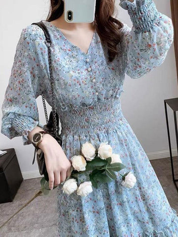 Classic Floral Ruffle Chiffon Dress-Pink