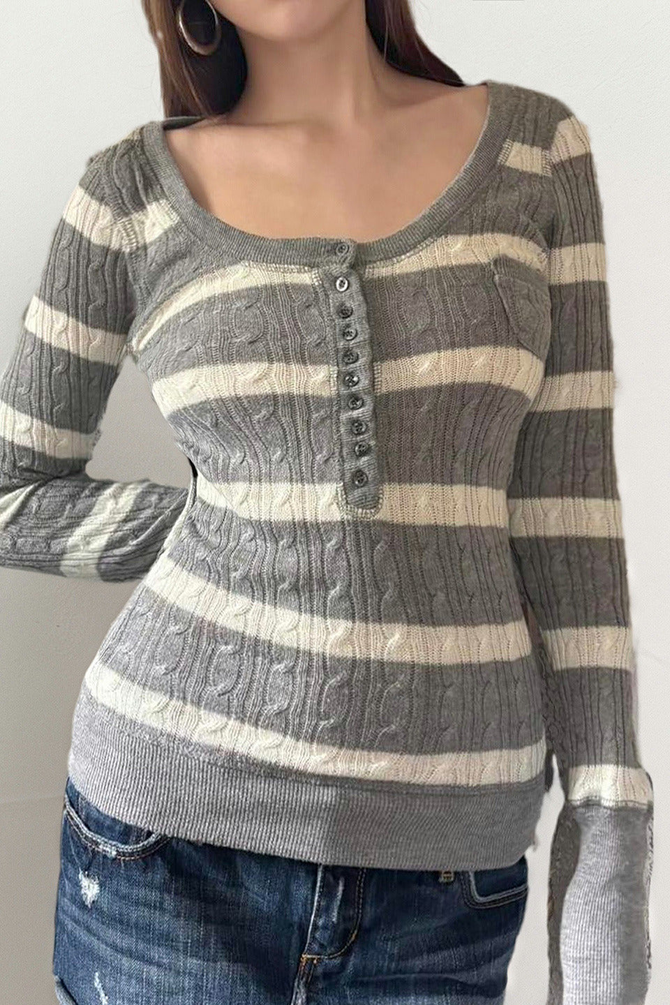 Cable Knit Striped Square Neck Sweet Knit Sweater