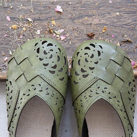 Zapatos planos casuales de cuero con plantilla de lino trenzado y huecos 