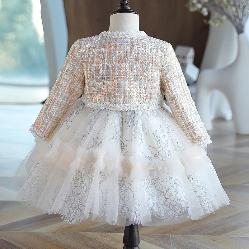 Kommunionkleid für Babys und Kleinkinder, zweiteiliges Pailletten-Thermokleid für Geburtstagsfeiern 