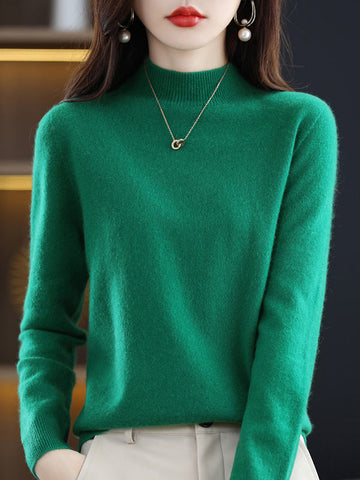 Casual Long Sleeves Solid Color Half Turtleneck Sweater Tops