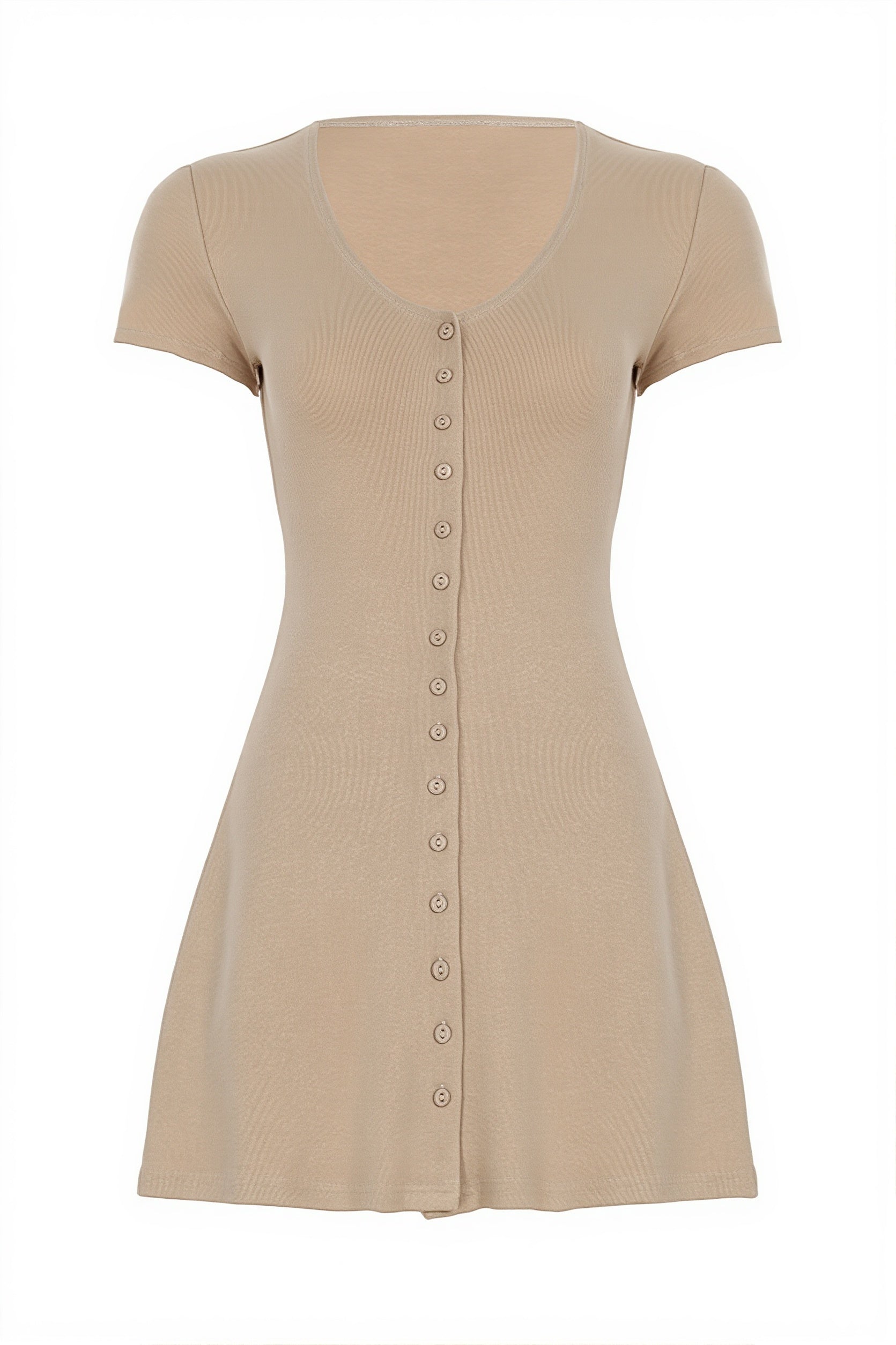 Solid Button Knit V Neck Slim Mini Dress