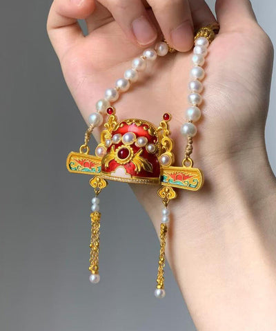 Collar con lazo y sombrero de erudito con tejido de perlas y oro único en plata esterlina 