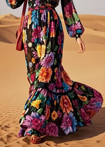 Stil Schwarz V-ausschnitt Blumendruck Baumwolle Vestidos Kleid Frühling