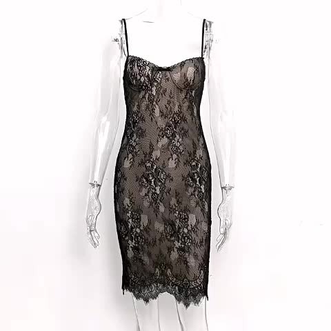 Vestido ajustado con encaje, tirantes finos, espalda descubierta, sexy, midi 