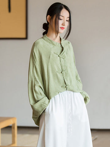 Blusas y camisas artísticas retro sueltas de manga larga con botones, color sólido y cuello alto 