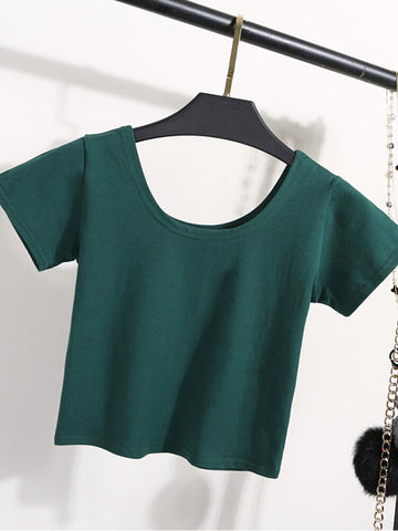 Solid Crop Top Women T-shirt Cropped Slim High Waist Short Sleeve Basic Summer Clothes Tops Woman Free Shipping Tee