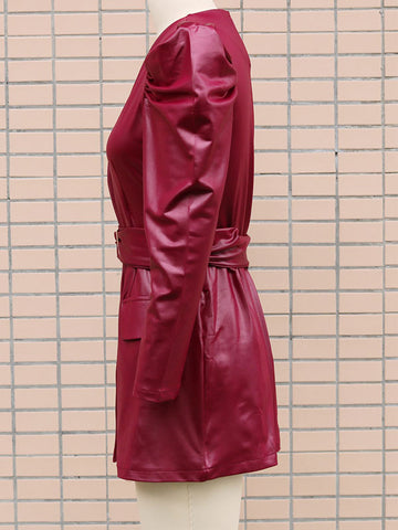 Mini Dresses Burgundy Long Sleeves Sash PU Leather Short Dress