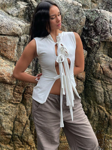 Tossy Fashion - Camiseta sin mangas con vendaje calado para mujer, top corto sexy ajustado de verano con cordones y retazos, cárdigan femenino Y2k, novedad 