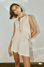 Solid Ruffled Tie Linen Cotton Shirt Tank Top