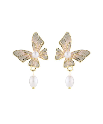 Stylish Blue Copper Overgild Drip Glaze Butterfly Pearl Tassel Drop Earrings