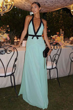 Sexy Deep V Halter Cutout Mesh Maxi Dress