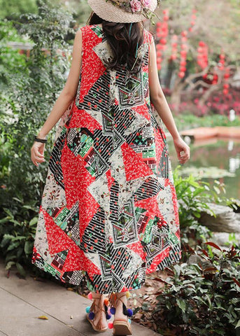 Bohemian red print cotton clothes Women sleeveless tie waist A Line summer Dresses
