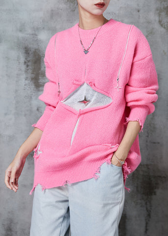 Suéter corto de punto con patchwork rosa y hombros descubiertos con cremallera para invierno 