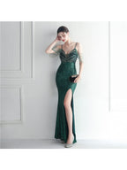 Fashion red carpet formal settings bead chain suspender long evening dress