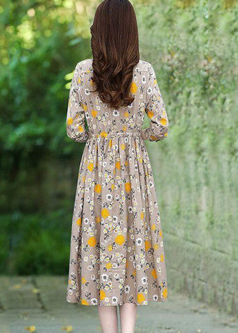 Vestido largo de algodón con estampado floral beige y lazo en la cintura para primavera 