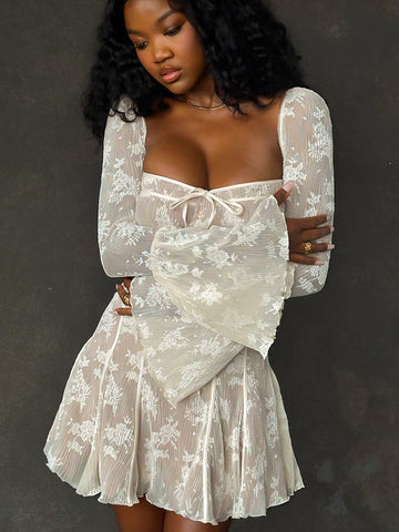Vestidos Babydoll con vuelo, cuello cuadrado, mangas largas, minivestidos 