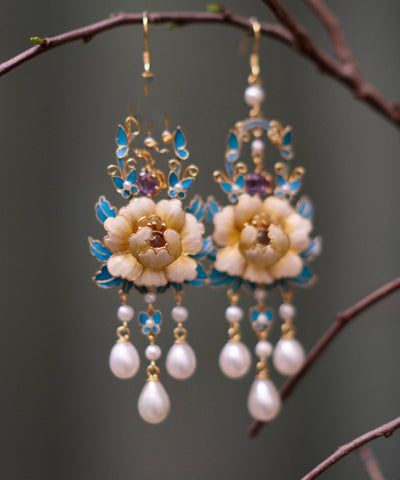 Art White Sterling Silver Overgild Pearl Peony Tassel Drop Earrings