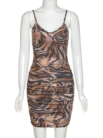 Sommerkleid mit Trägern am Hals und Leopardenmuster, Fransen, rückenfreies Leoparden-Strandkleid 