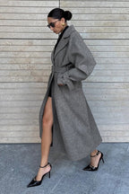 Extra-Long Wool Tie-Waist Loose Overcoat