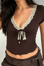 Vintage Lace Beaded Tie V Neck Blouse