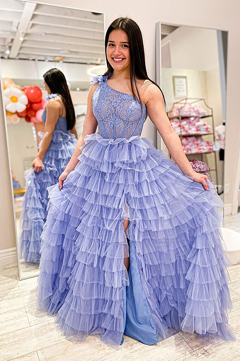 One Shoulder Corset Tiered Long Prom Dress with Ruffles