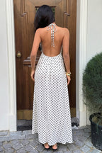 Elegant Polka Dot Halter Lace Spliced Back Tie Slimming Maxi Dress