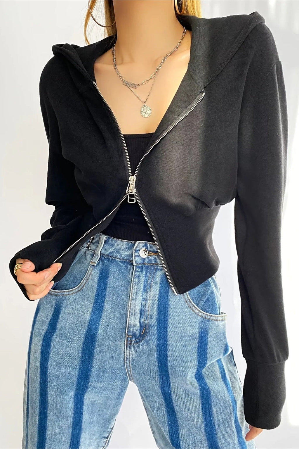 Solid Dual Zipper Slim Cropped Hoodie