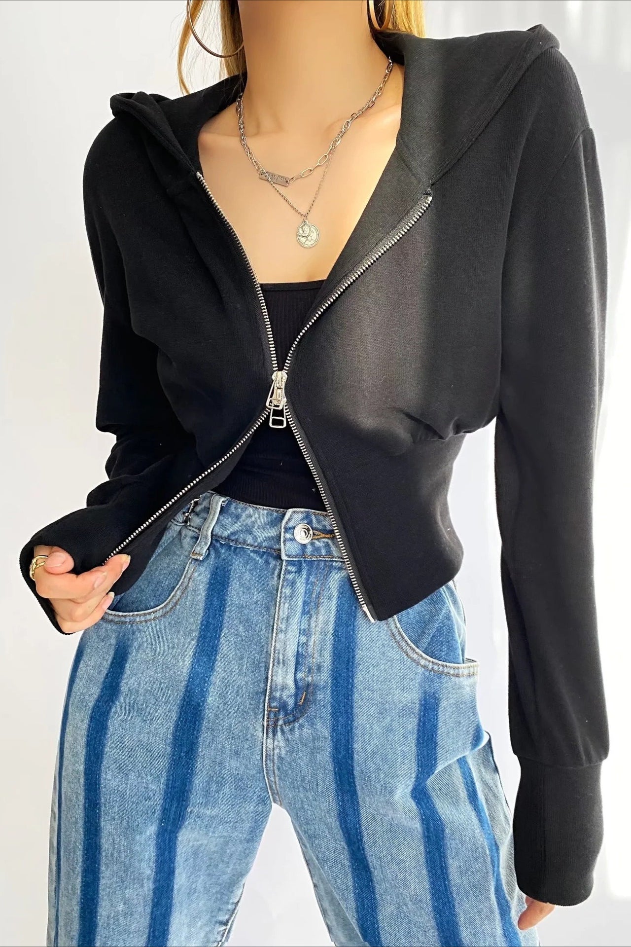Solid Dual Zipper Slim Cropped Hoodie