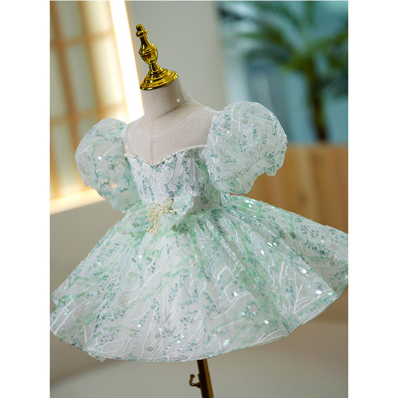 Ballkleid für Kleinkinder, Mädchen, Festkleid, Prinzessin, Grün, Pailletten, Puffärmel, Kommunionskleid 