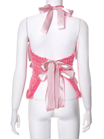 TARUXY - Tops cortos de punto con lazo para mujer, sexys, calados, ajustados, sin mangas, camiseta sin mangas, para chicas sexys, sin espalda, chaleco de punto para mujer 