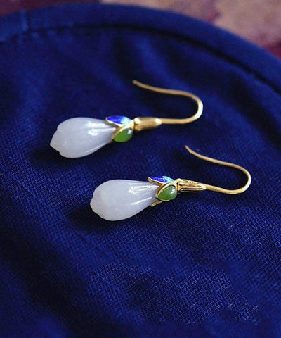 Vintage Gold Sterling Silber Overgild Jade Cloisonne Orchidee Ohrstecker 