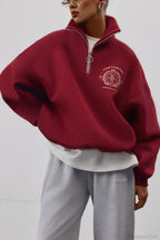 Fleece-Lined Letter Embroidery Stand Collar Half-Zip Sweatshirt
