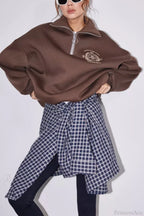 Fleece-Lined Letter Embroidery Stand Collar Half-Zip Sweatshirt