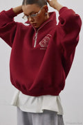 Fleece-Lined Letter Embroidery Stand Collar Half-Zip Sweatshirt