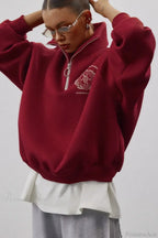 Fleece-Lined Letter Embroidery Stand Collar Half-Zip Sweatshirt