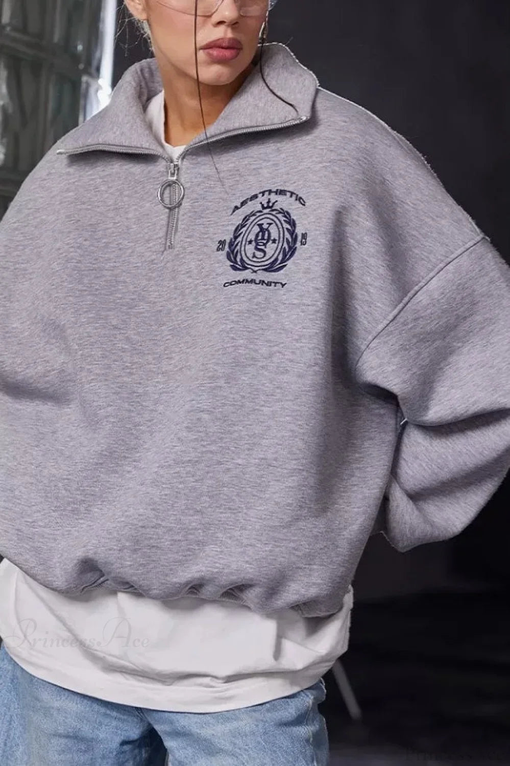 Fleece-Lined Letter Embroidery Stand Collar Half-Zip Sweatshirt