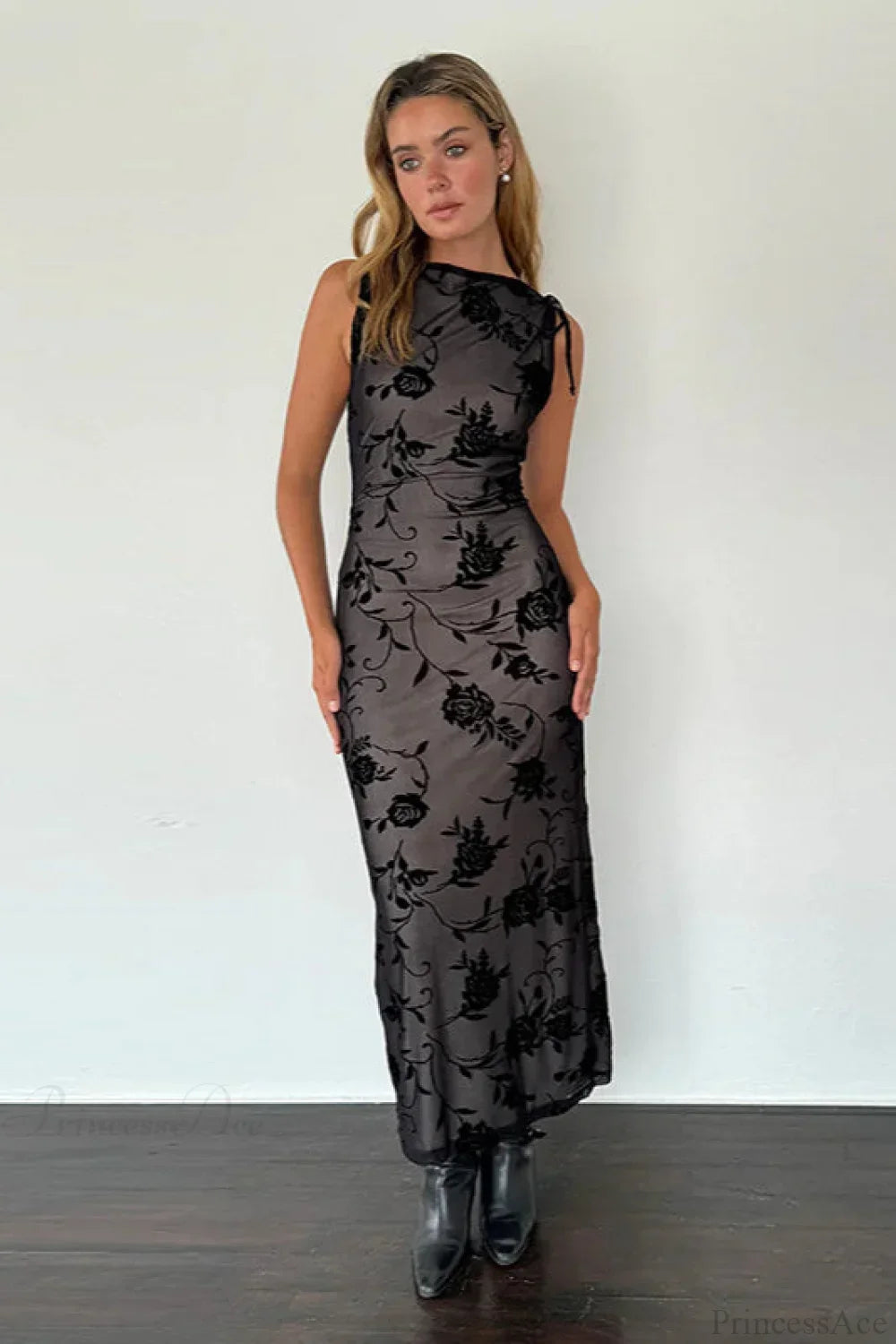 Flocked Mesh Sleeveless Bodycon Maxi Dress