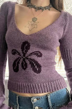 Floral Jacquard V-Neck Long-Sleeve Knit Top