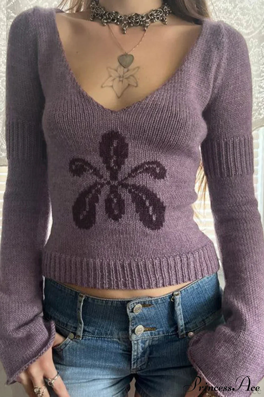 Floral Jacquard V-Neck Long-Sleeve Knit Top