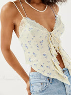 Floral Lace Trim Ruffle Split Strap Crop Top