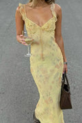 Floral Ruffle Strap Ruffled Sleeve Maxi Dress