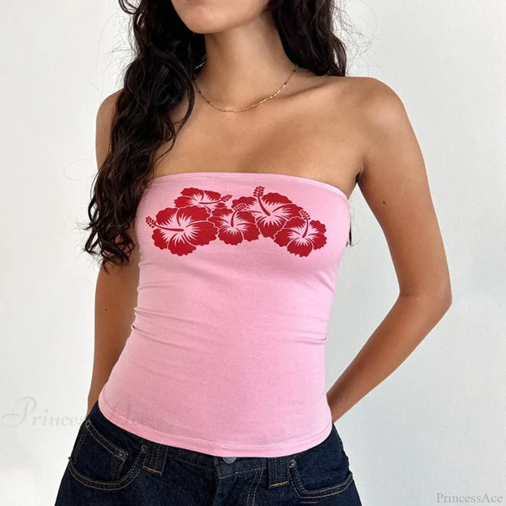 Floral Strapless Bandeau Backless Sleeveless Fairy Coquette Off Shoulder Crop Top