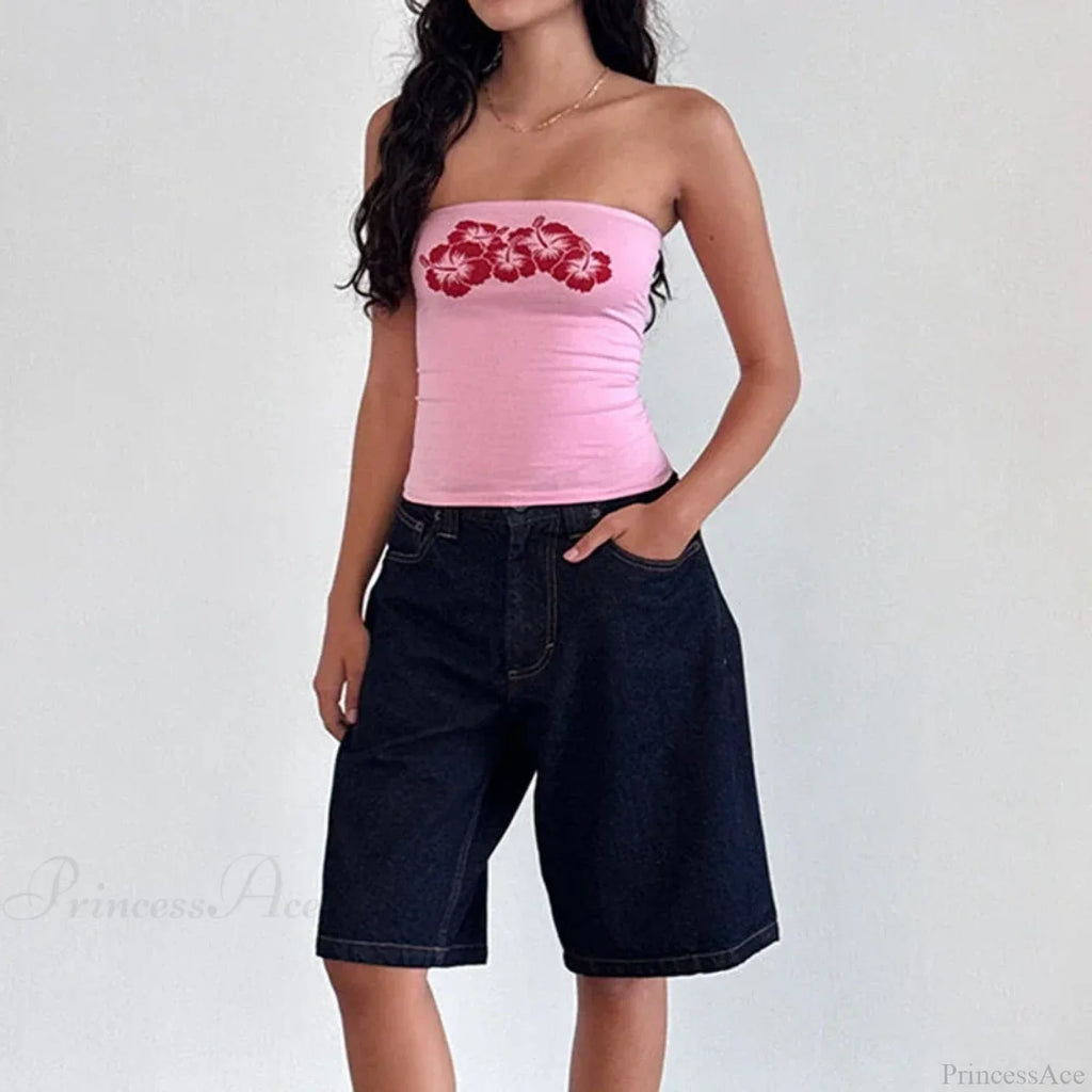 Floral Strapless Bandeau Backless Sleeveless Fairy Coquette Off Shoulder Crop Top