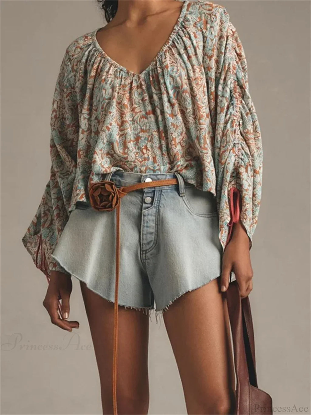 Floral Tie-Up Flare Sleeve Boho Blouse